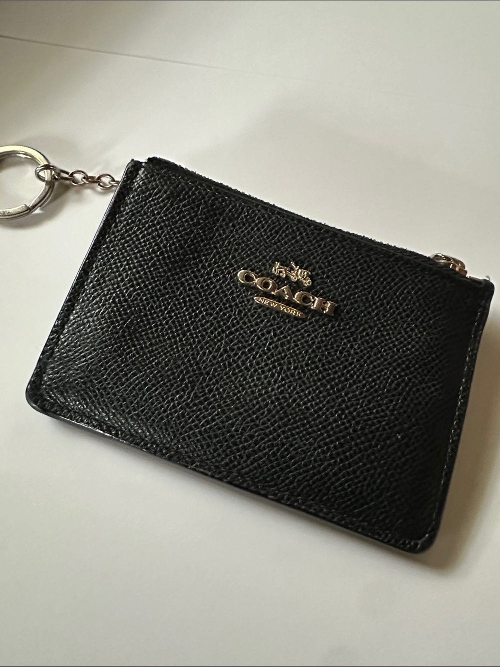 Coach Black Pebbled Leather Zip Card Case with Key Ring